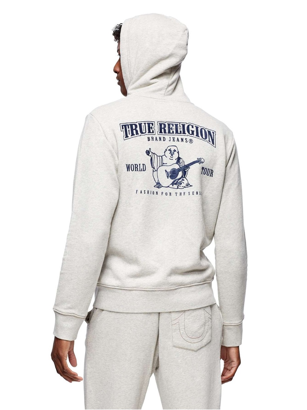 True Religion Buddha Logo Full Zip Up Hoodie Size Large Heather Gray Navy